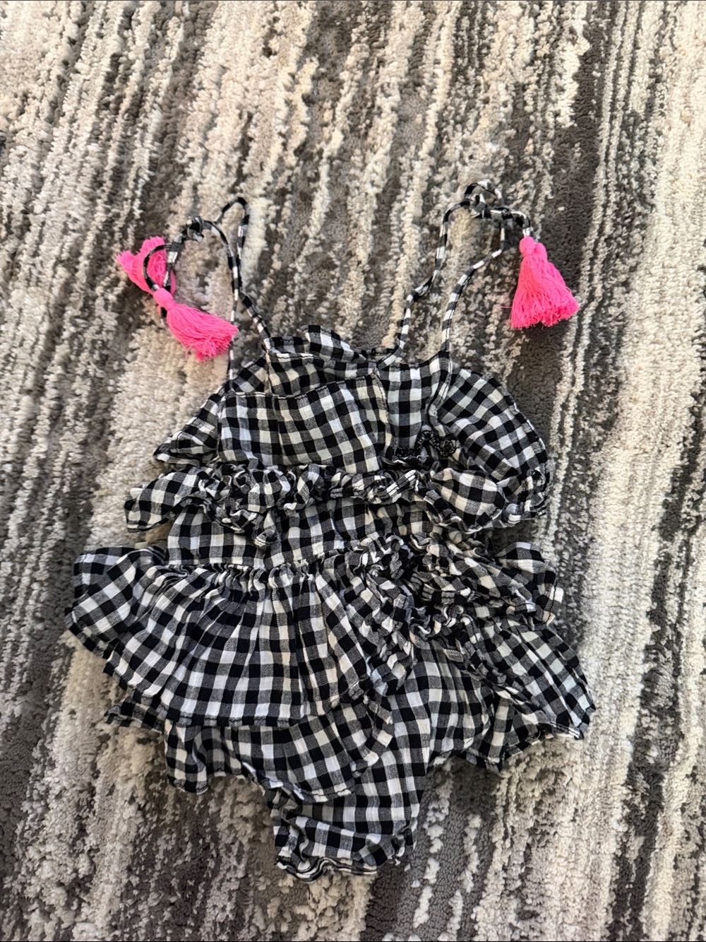 Girls Black & White Gingham Ruffle One-Piece Swimsuit with Hot Pink Tassels